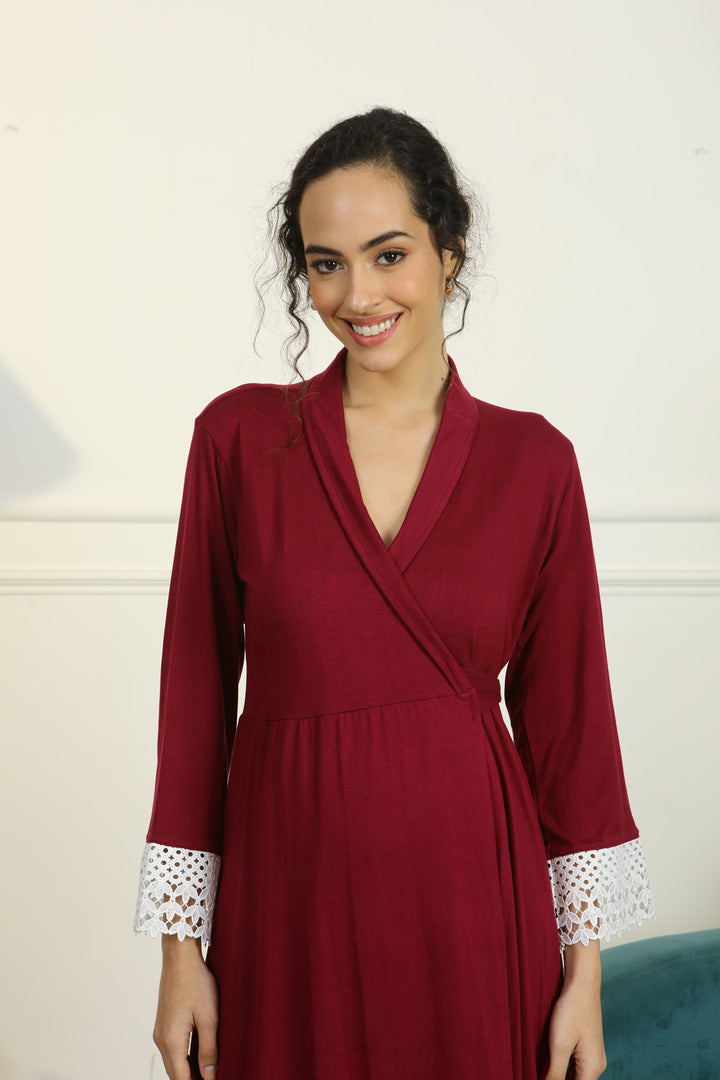 Vibrant Mulberry Lycra Maternity & Nursing Wrap Nightwear Dress/ Hospital Gown/ Delivery Robes momzjoy.com