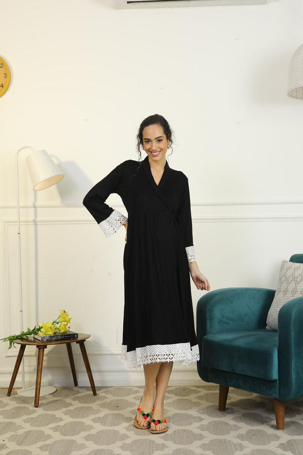 Royal Black Lycra Maternity & Nursing Wrap Nightwear Dress/ Hospital Gown/ Delivery Robes momzjoy.com