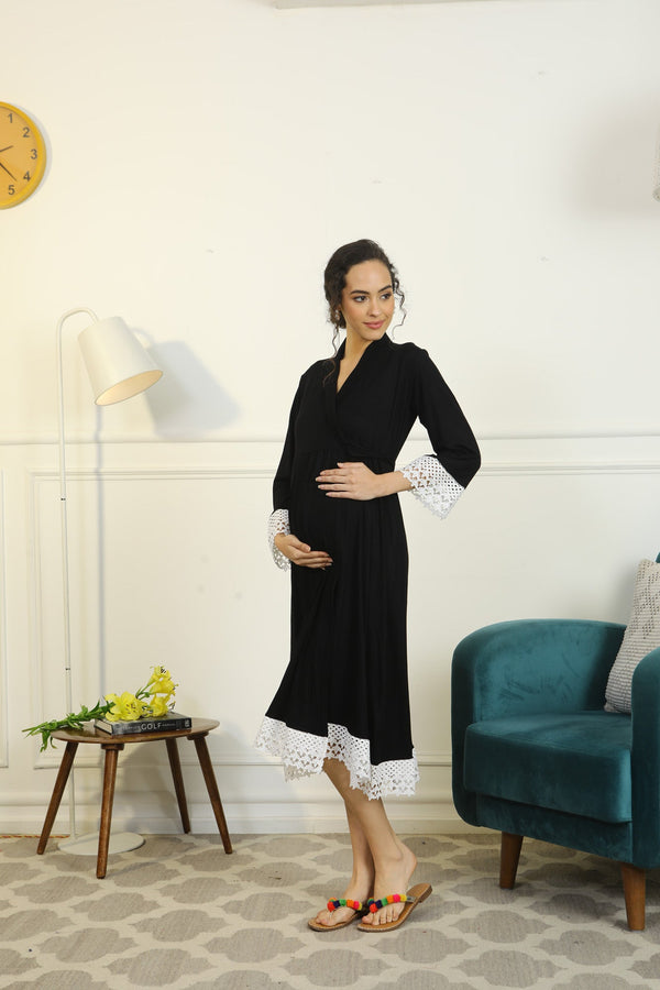Royal Black Lycra Maternity & Nursing Wrap Nightwear Dress/ Hospital Gown/ Delivery Robes momzjoy.com