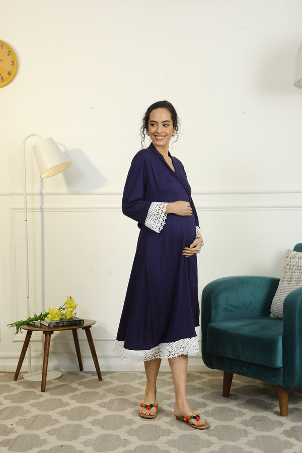 Paradise Indigo Blue Lycra Maternity & Nursing Wrap Nightwear Dress + Matching Baby Swaddle Set Of 2 momzjoy.com