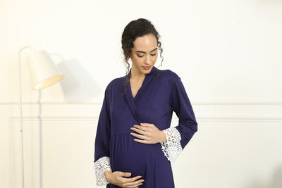 Paradise Indigo Blue Lycra Maternity & Nursing Wrap Nightwear Dress/ Hospital Gown/ Delivery Robes momzjoy.com