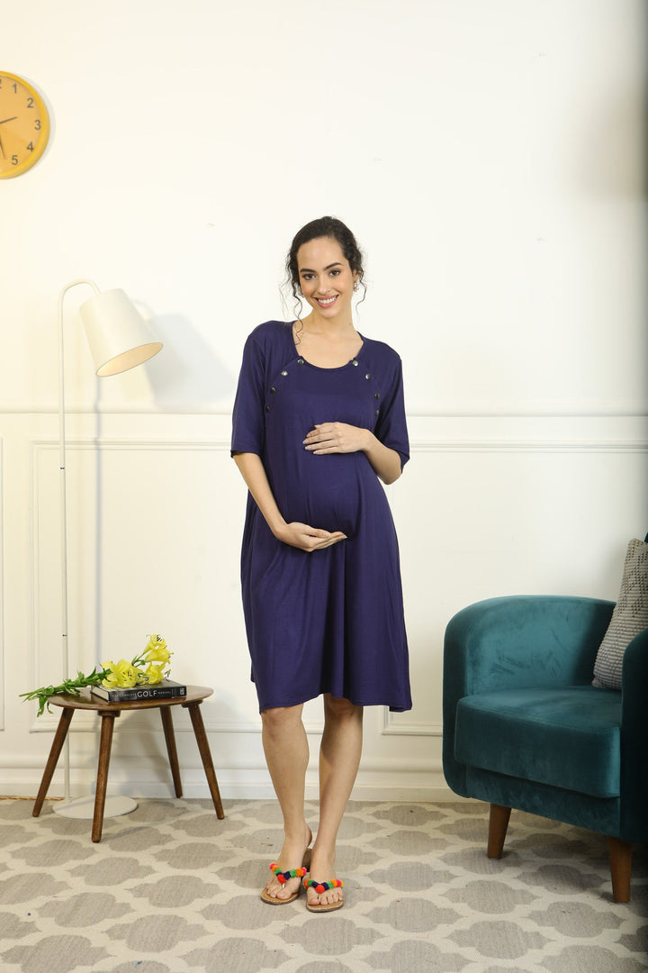 Comfy Navy Blue Shoulder Snap Maternity & Nursing Night Dress / Delivery Gown/ Lounge Dress MOMZJOY.COM