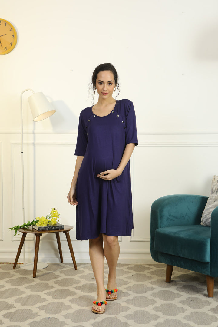 Comfy Navy Blue Shoulder Snap Maternity & Nursing Night Dress / Delivery Gown/ Lounge Dress MOMZJOY.COM