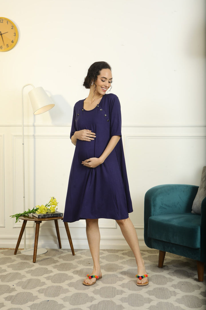 Comfy Navy Blue Shoulder Snap Maternity & Nursing Night Dress / Delivery Gown/ Lounge Dress MOMZJOY.COM