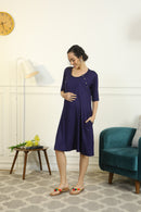 Comfy Navy Blue Shoulder Snap Maternity & Nursing Night Dress / Delivery Gown/ Lounge Dress MOMZJOY.COM