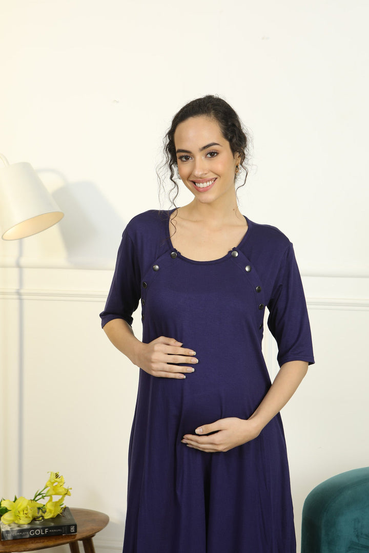 Comfy Navy Blue Shoulder Snap Maternity & Nursing Night Dress / Delivery Gown/ Lounge Dress MOMZJOY.COM