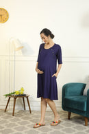 Comfy Navy Blue Shoulder Snap Maternity & Nursing Night Dress / Delivery Gown/ Lounge Dress MOMZJOY.COM