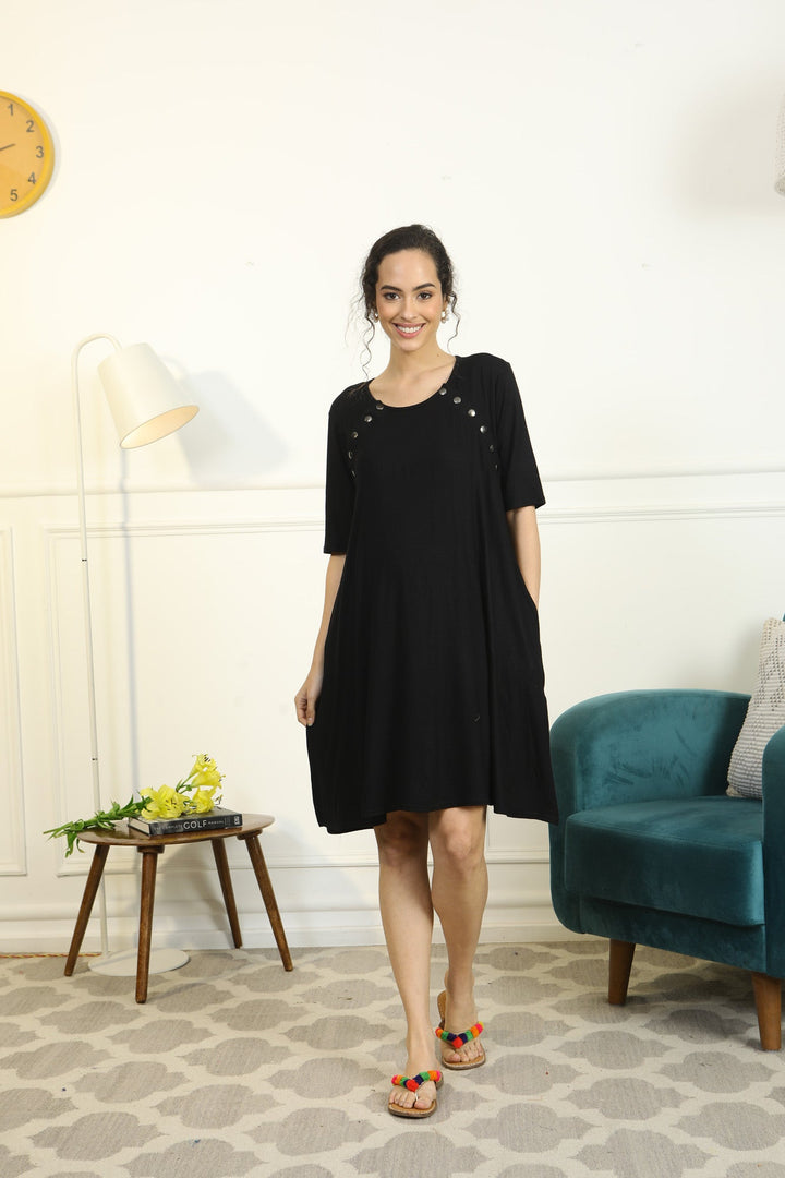 Soft Black Shoulder Snap Maternity & Nursing Night Dress / Delivery Gown/ Lounge Dress MOMZJOY.COM