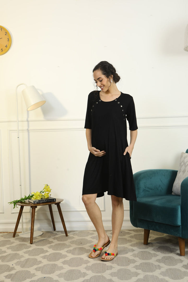 Soft Black Shoulder Snap Maternity & Nursing Night Dress / Delivery Gown/ Lounge Dress MOMZJOY.COM