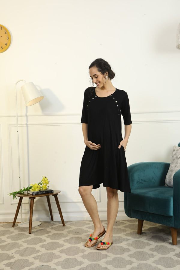 Soft Black Shoulder Snap Maternity & Nursing Night Dress / Delivery Gown/ Lounge Dress MOMZJOY.COM