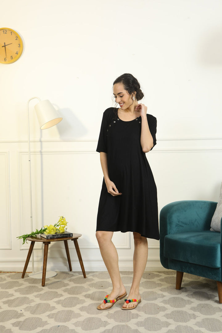 Soft Black Shoulder Snap Maternity & Nursing Night Dress / Delivery Gown/ Lounge Dress MOMZJOY.COM