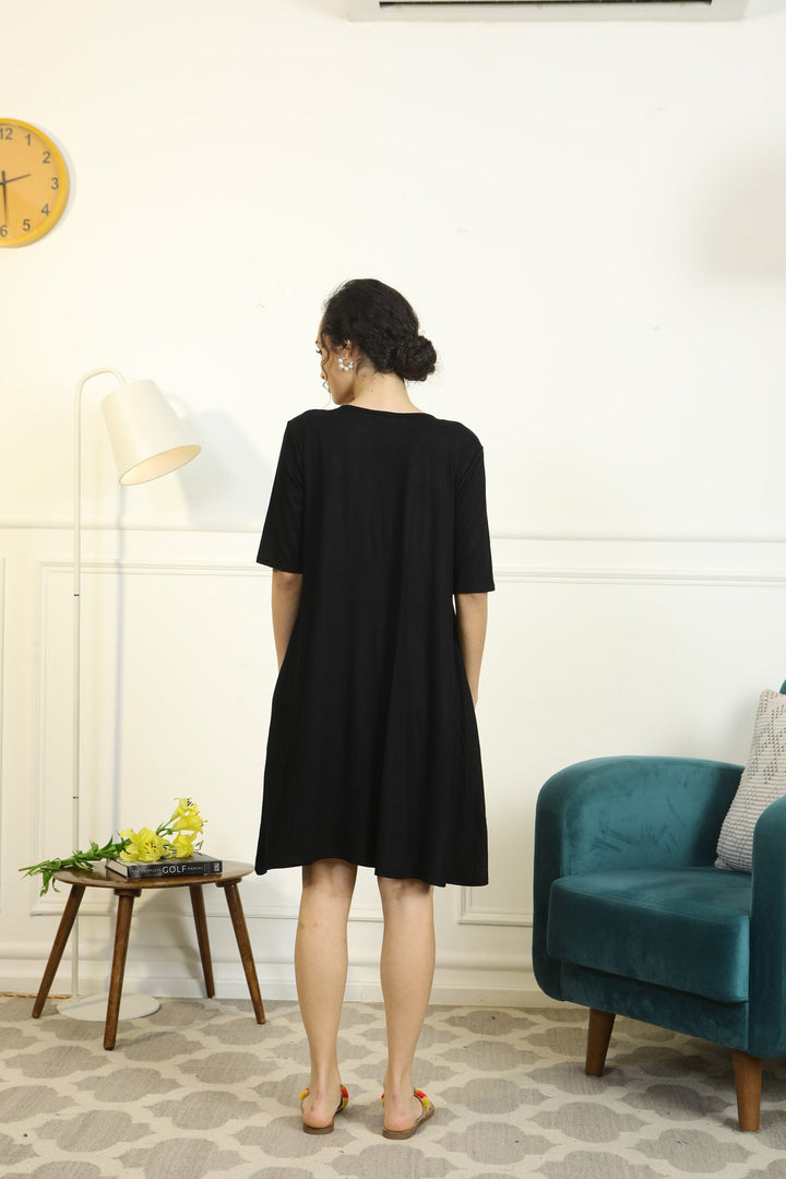 Soft Black Shoulder Snap Maternity & Nursing Night Dress / Delivery Gown/ Lounge Dress MOMZJOY.COM