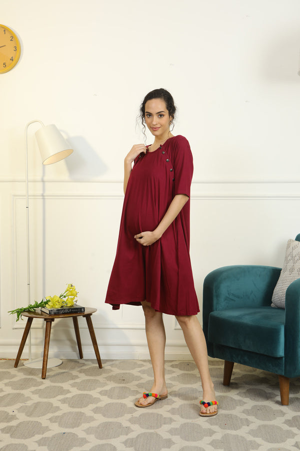 Cozy Burgundy Shoulder Snap Maternity & Nursing Night Dress / Delivery Gown/ Lounge Dress MOMZJOY.COM