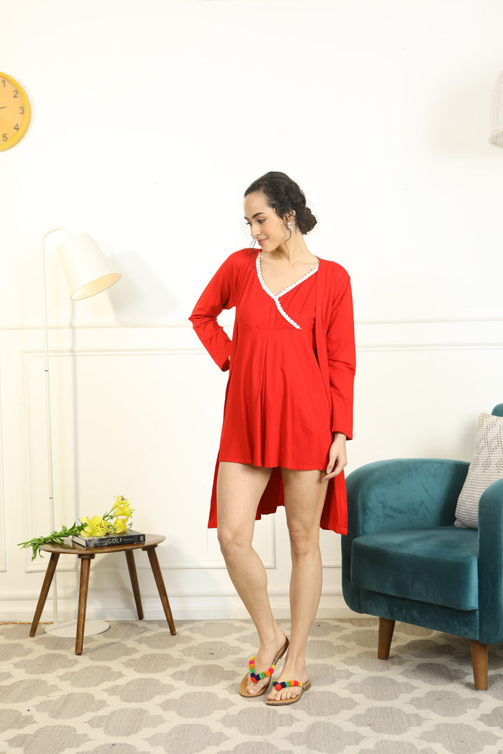 Cozy Spicy Red Maternity Knee Dress With Cover Up (Set Of 2) momzjoy.com