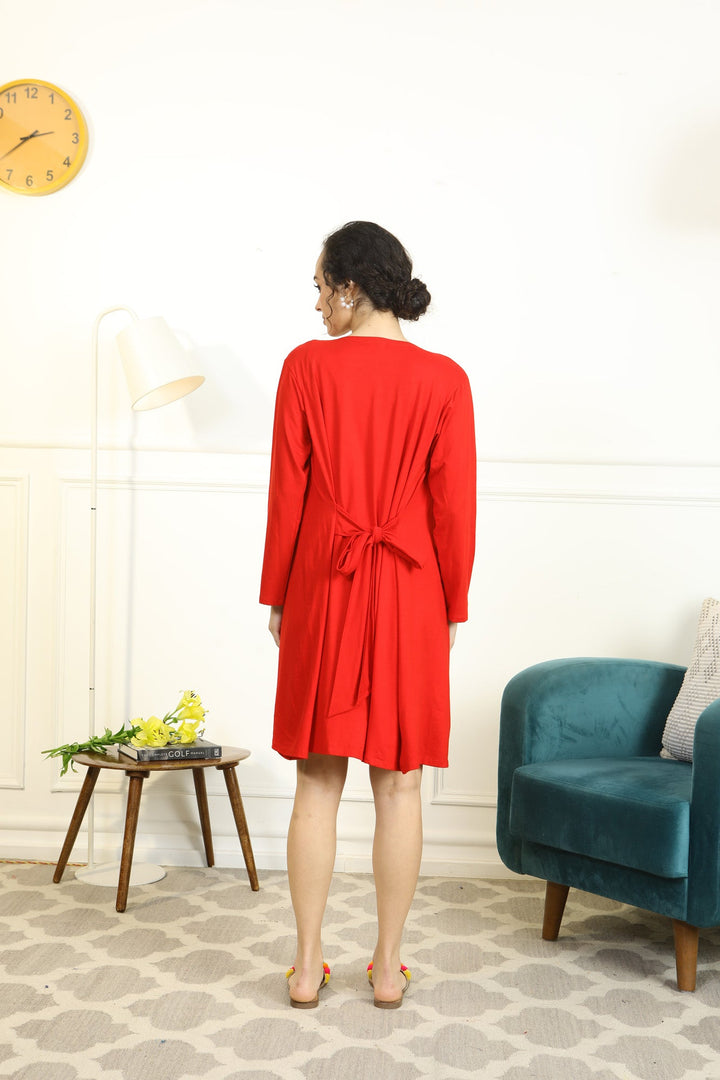 Cozy Spicy Red Maternity Knee Dress With Cover Up (Set Of 2) momzjoy.com