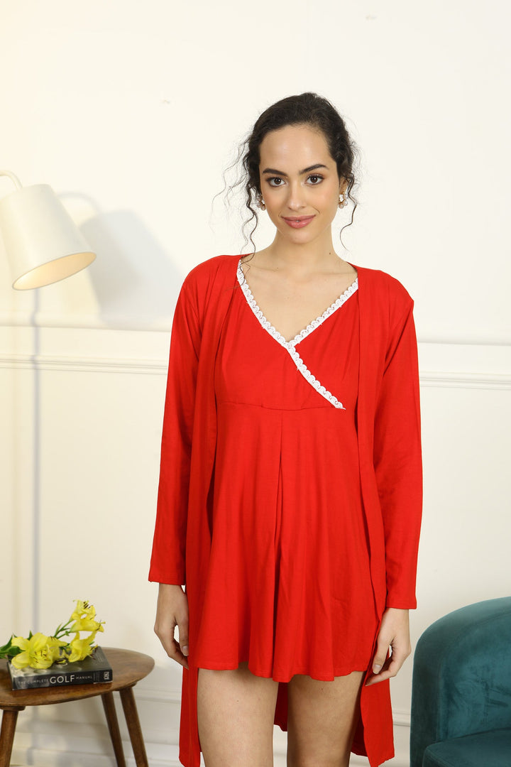 Cozy Spicy Red Maternity Knee Dress With Cover Up (Set Of 2) momzjoy.com