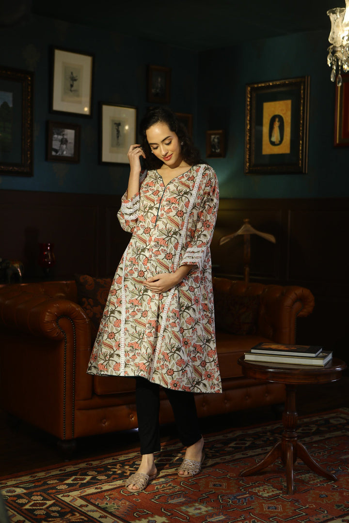 Cream Flower Pop Maternity & Nursing Kurta (100% Cotton) momzjoy.com