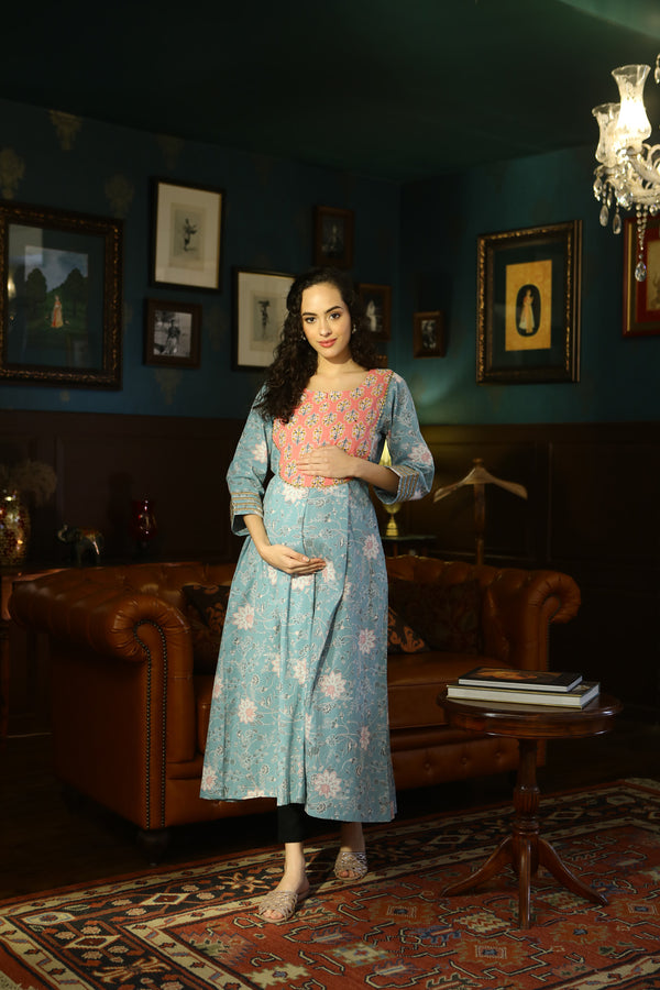 Elegant Maya Blue Blooming Maternity & Nursing Kurta momzjoy.com