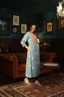 Elegant Maya Blue Blooming Maternity & Nursing Kurta momzjoy.com