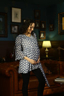Luxe Ikkat Navy Blue Chiffon Gathered Maternity Top momzjoy.com