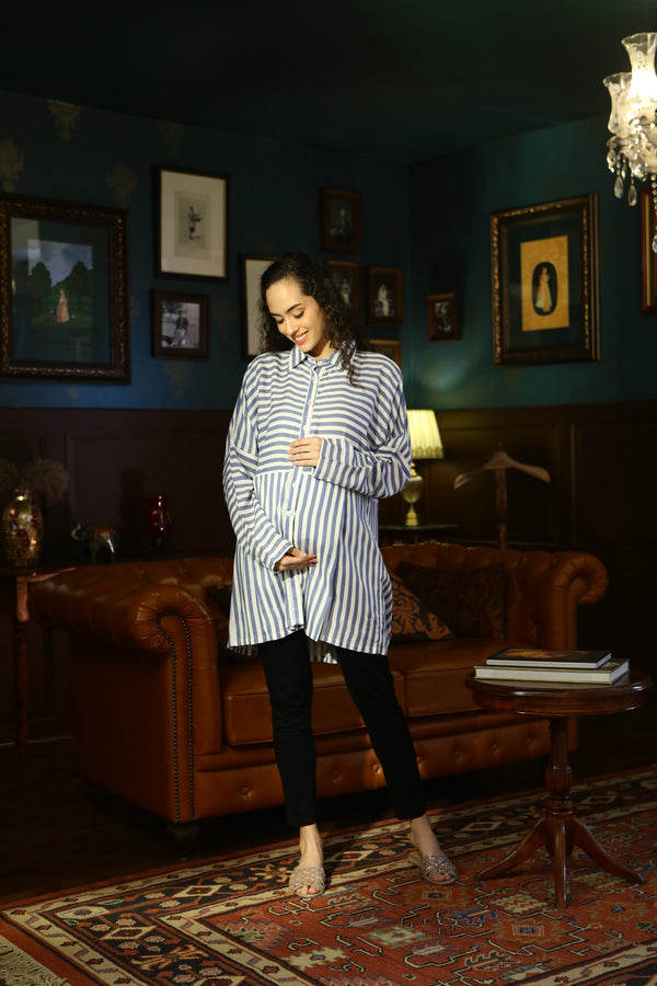 Classic Slate Striped Maternity & Nursing Shirt Dress momzjoy.com