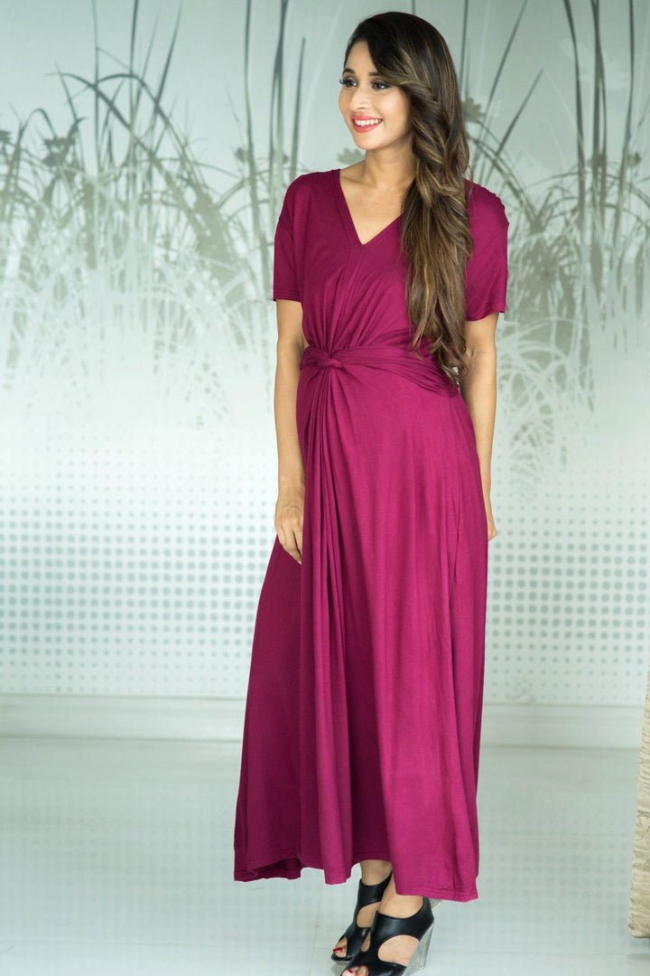 Berry Front Knot Lycra Maternity Dress MOMZJOY.COM